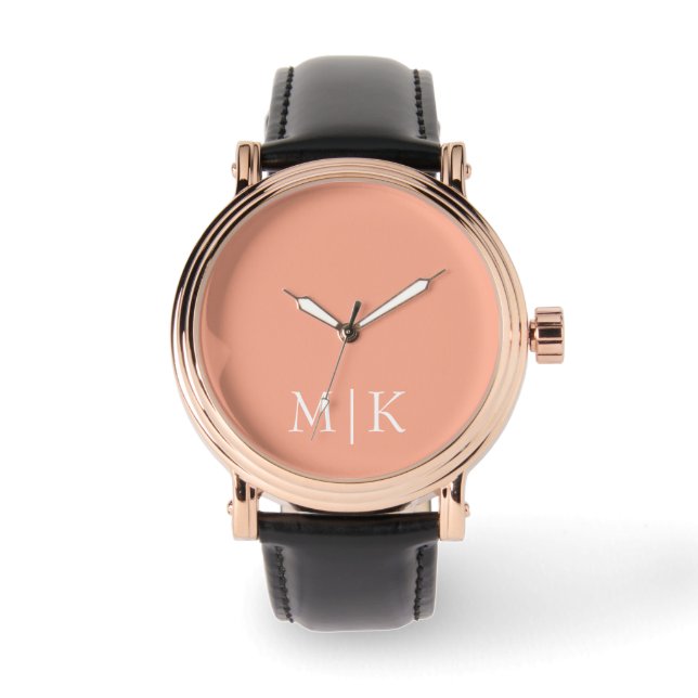 Perzik en wit | Modern monogram Horloge (Voorkant)