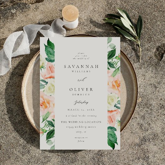 Perzik en witte bloemen bruiloft v3 kaart