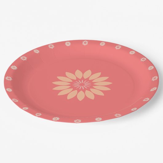 Perzik- en witte bloemen op koraal papieren bordje (Gekanteld)