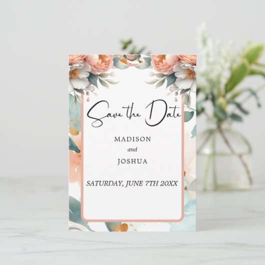 Perzik en witte bloemen save the date (Staand voorkant)