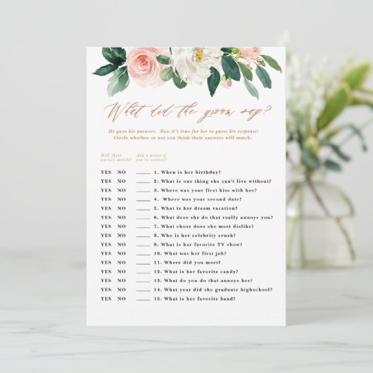 Perzik en witte bloemenbruidegom zegt spel kaart (Staand voorkant)