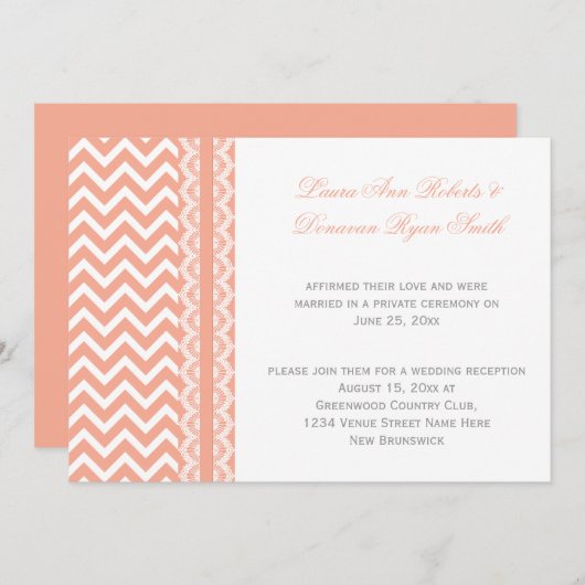 Perzik en witte Chevron Lace Reception slechts Kaart (Voorkant / Achterkant)