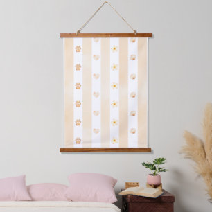 Perzik en witte streep - harten, bloemen, pootafdr hangend wandkleed