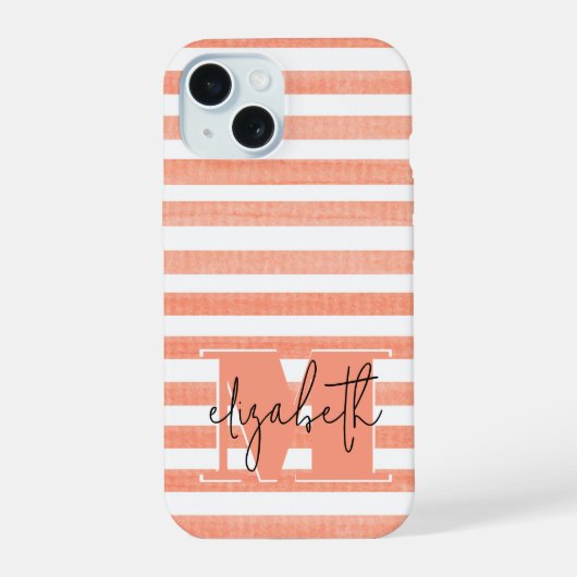 Perzik en Witte Streep Monogram iPhone 15 Case (Achterkant)