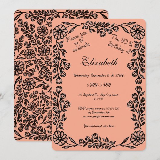 Perzik en zwarte botanische bloem 30e verjaardag kaart (Voorkant / Achterkant)