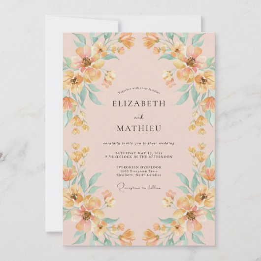 Perzik Ethische Wildebloemen Bruiloft Kaart (Voorkant)