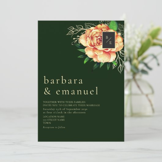 Perzik Floral Emerald Green Wedding Kaart (Staand voorkant)