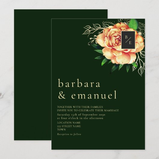 Perzik Floral Emerald Green Wedding Kaart (Voorkant / Achterkant)