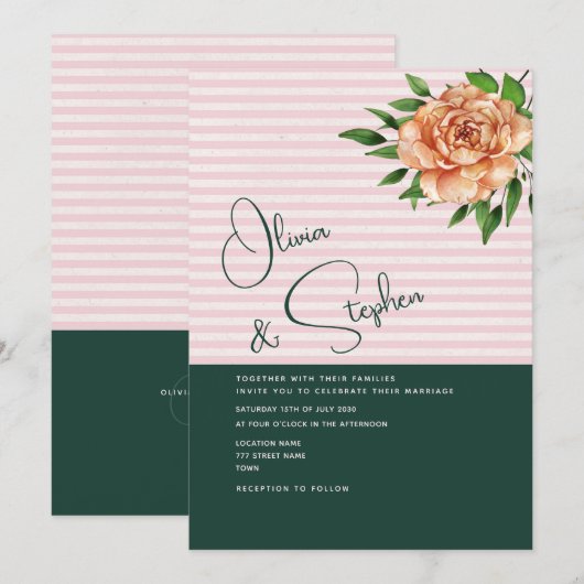 Perzik Floral Emerald Roze bruiloft Kaart (Voorkant / Achterkant)