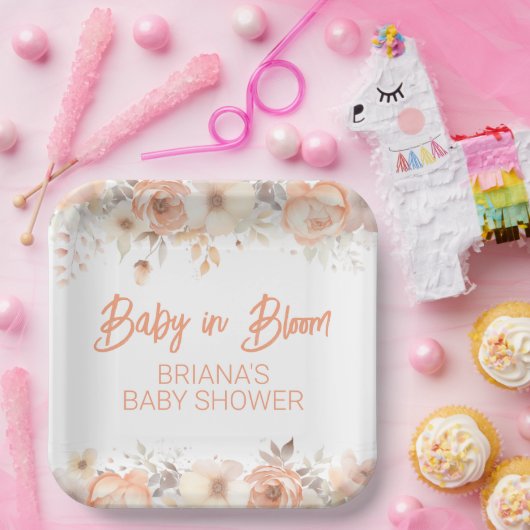 Perzik Floral Geslachtsneutraal Baby shower Papieren Bordje (Feest)