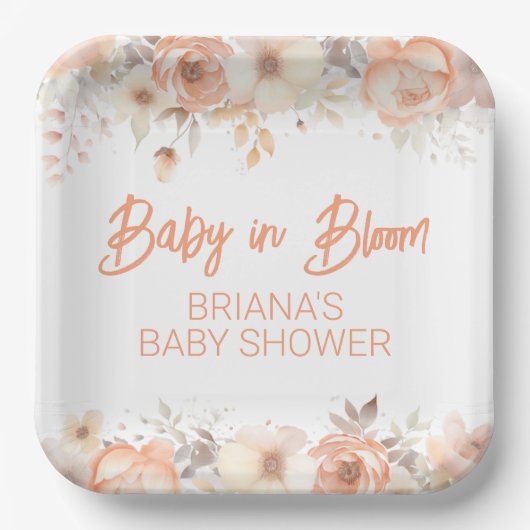 Perzik Floral Geslachtsneutraal Baby shower Papieren Bordje (Voorkant)