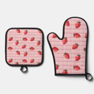 Perzik-fraise-gingham Ovenwant & Pannenlap Set