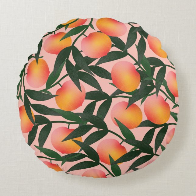 Perzik fruit roze achtergrond patroon. rond kussen (Voorkant)
