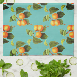 Perzik fruitpatroon blauwgroen sinaasappel theedoek