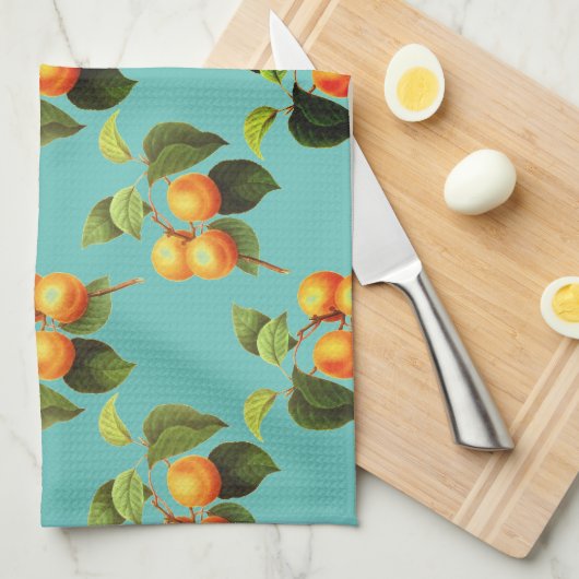 Perzik fruitpatroon  blauwgroen sinaasappel theedoek (Quarter Fold)