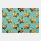 Perzik fruitpatroon  blauwgroen sinaasappel theedoek (Horizontaal)