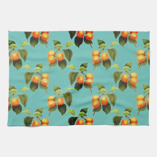 Perzik fruitpatroon  blauwgroen sinaasappel theedoek (Horizontaal)