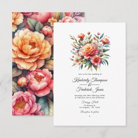 Perzik Fuzz Bloemen Bruiloft Kaart (Voorkant / Achterkant)