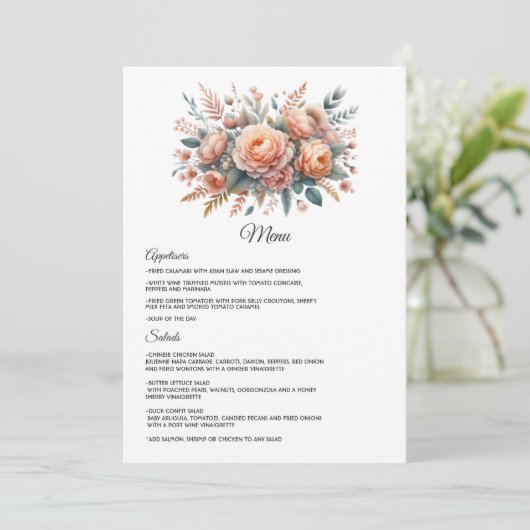 Perzik Fuzz Bloemen Bruiloft Menu (Staand voorkant)