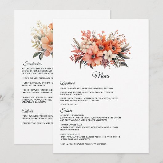 Perzik Fuzz Bloemen Bruiloft Menu (Voorkant / Achterkant)