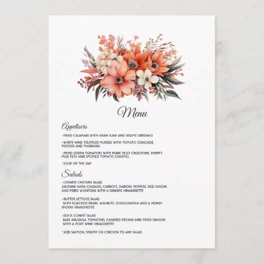 Perzik Fuzz Bloemen Bruiloft Menu (Voorkant)