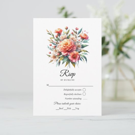 Perzik Fuzz Bloemenbruiloft RSVP Kaartje (Staand voorkant)