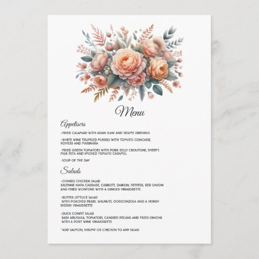 Perzik Fuzz Bloemige Trouwdag Menu (Voorkant)