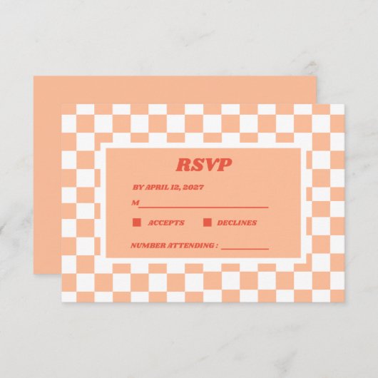 Perzik Fuzz geruit Gingham patroon RSVP Kaartje (Voorkant / Achterkant)