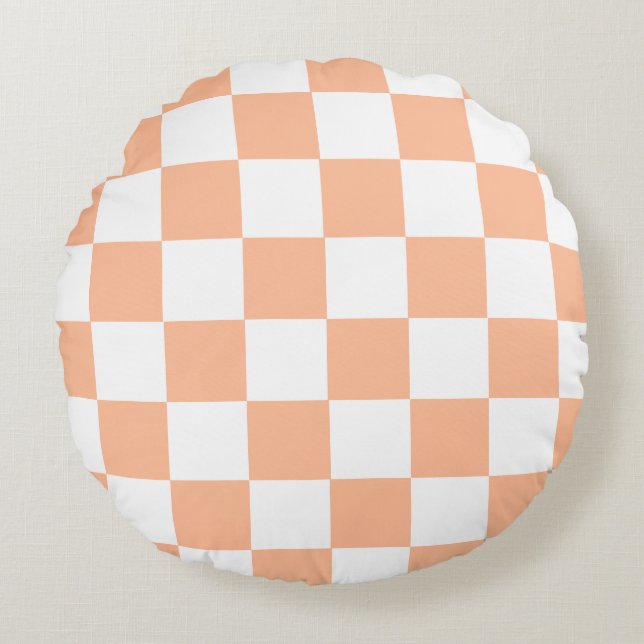 Perzik Fuzz Geruite Gingham Patroon Rond Kussen (Voorkant)