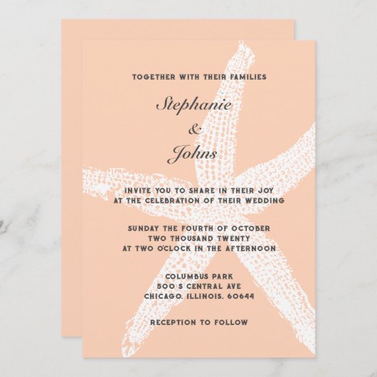 Perzik Fuzz Grote Zeester Tropische Strand Bruilof Kaart (Voorkant / Achterkant)