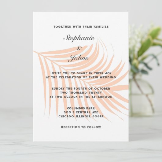 Perzik Fuzz Palmboom Tropische Leaf Classy Bruilof Kaart (Staand voorkant)