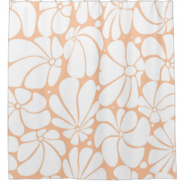 Perzik Fuzz Retro 70s Witte Bloem Grafisch Ontwerp Douchegordijn