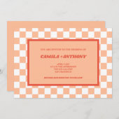 Perzik Fuzz Rood Geruit Gingham Patroon Bruiloft Kaart (Voorkant / Achterkant)