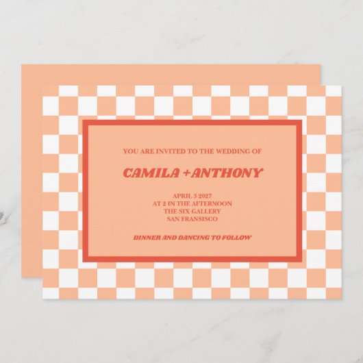 Perzik Fuzz Rood Geruit Gingham Patroon Bruiloft Kaart (Voorkant / Achterkant)