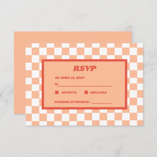 Perzik Fuzz Rood Geruit Gingham Patroon RSVP Kaartje (Voorkant / Achterkant)
