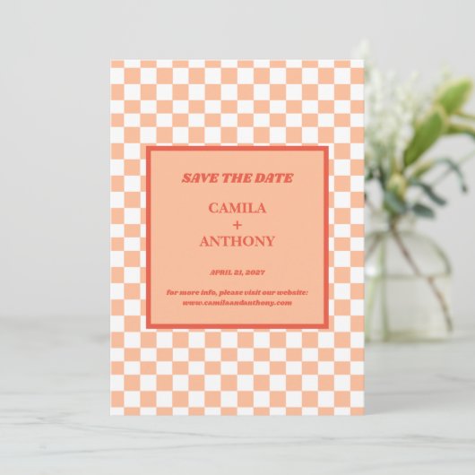Perzik Fuzz Rood Geruit Gingham Patroon Save The Date (Staand voorkant)