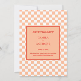 Perzik Fuzz Rood Geruit Gingham Patroon Save The Date