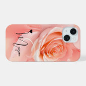 Perzik Fuzz Roze Achtergrond Monogram Naam Hart iPhone 15 Case (Achterkant horizontaal)