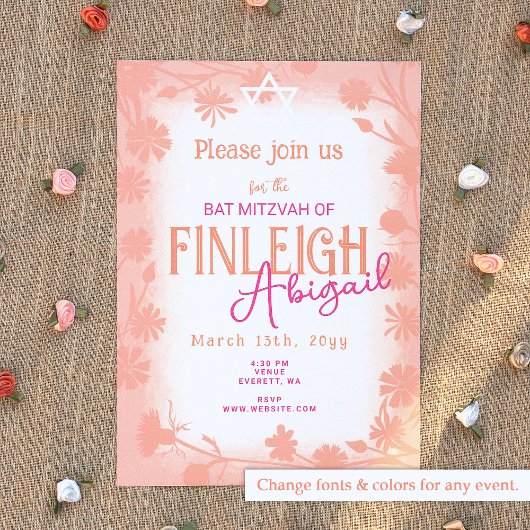 Perzik Fuzz, Roze Wilde Bloemen Bat Mitzvah Kaart