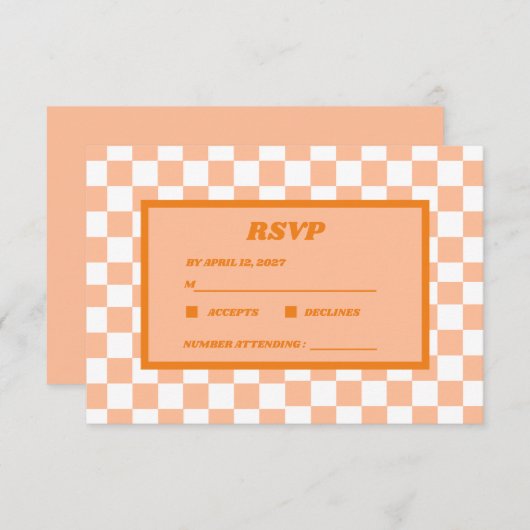 Perzik Fuzz Sinaasappel geruit Gingham Patroon RSVP Kaartje (Voorkant / Achterkant)