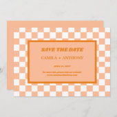 Perzik Fuzz Sinaasappel geruit Gingham Patroon Save The Date (Voorkant / Achterkant)