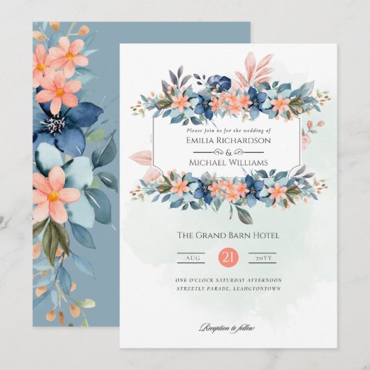 Perzik Fuzz Stoffig Blauw Bloemen Vintage Bruiloft Kaart (Voorkant / Achterkant)