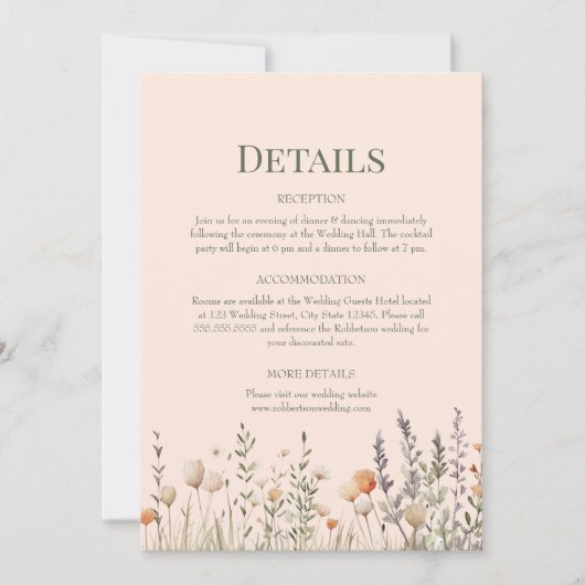 Perzik Fuzz Wildbloemen Bruiloft Details Kaart (Voorkant)