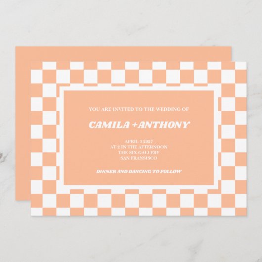 Perzik Fuzz Wit geruit Gingham Patroon Bruiloft Kaart (Voorkant / Achterkant)