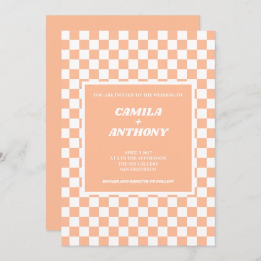 Perzik Fuzz Wit geruit Gingham Patroon Bruiloft Kaart (Voorkant / Achterkant)