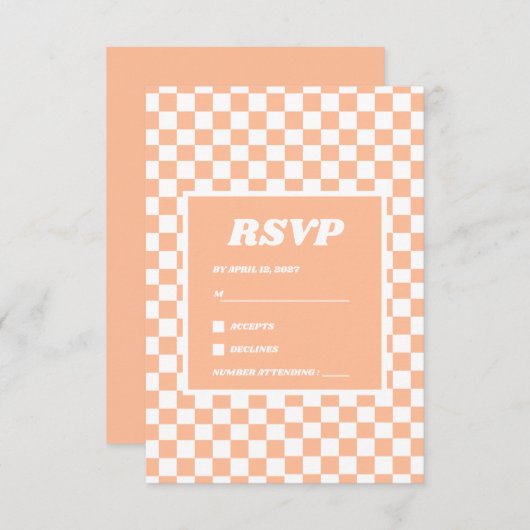 Perzik Fuzz Wit geruit Gingham Patroon RSVP Kaartje (Voorkant / Achterkant)