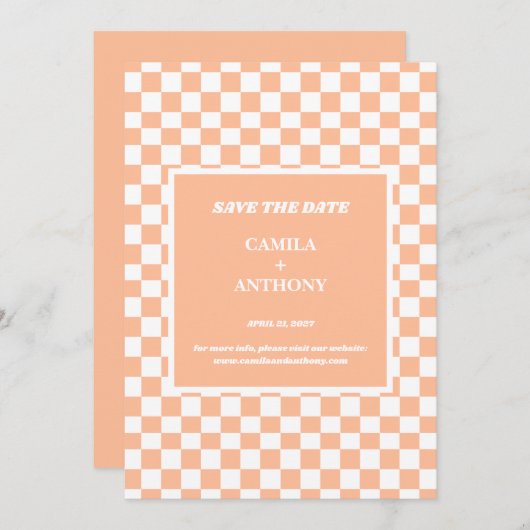 Perzik Fuzz Wit geruit Gingham Patroon Save The Date (Voorkant / Achterkant)