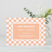Perzik Fuzz Wit geruit Gingham Patroon Save The Date (Staand voorkant)