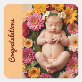 perzik gefeliciteerd nieuwe baby foto vierkante sticker