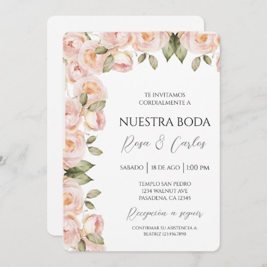 Perzik gekleurd Roos Spaans bruiloft uitnodiging (Voorkant / Achterkant)